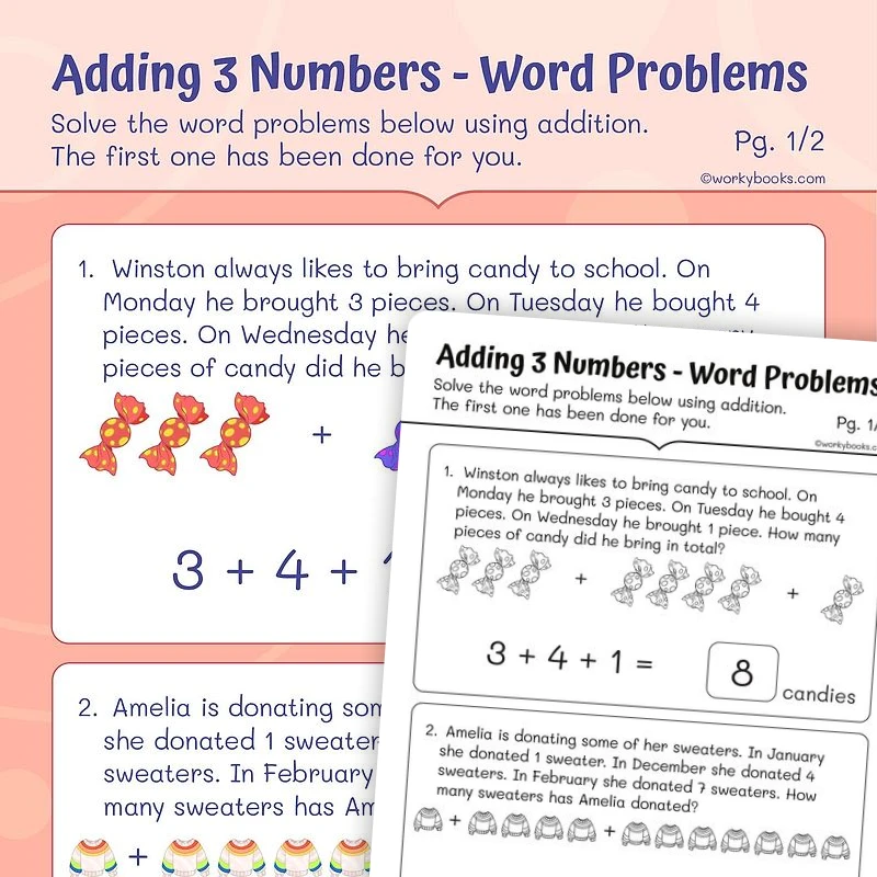 Adding 3 Numbers - Word Problems — math worksheet for Grade 1, page 1 of 3