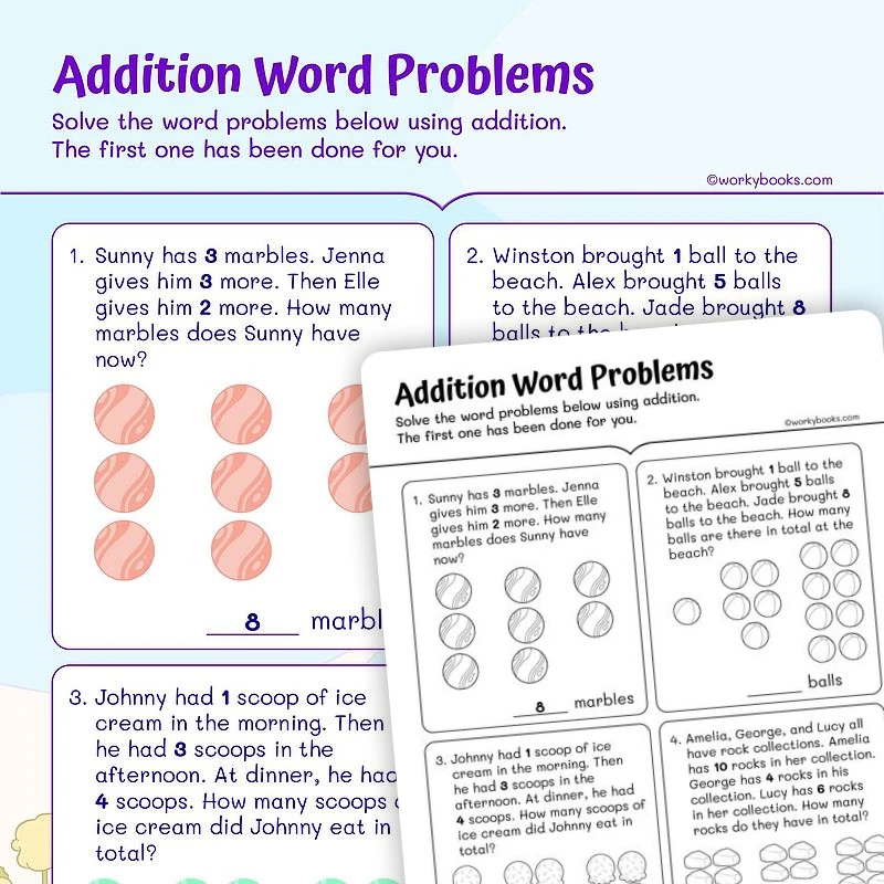 Addition Word Problems — math worksheet for Grade 1, page 1 of 3