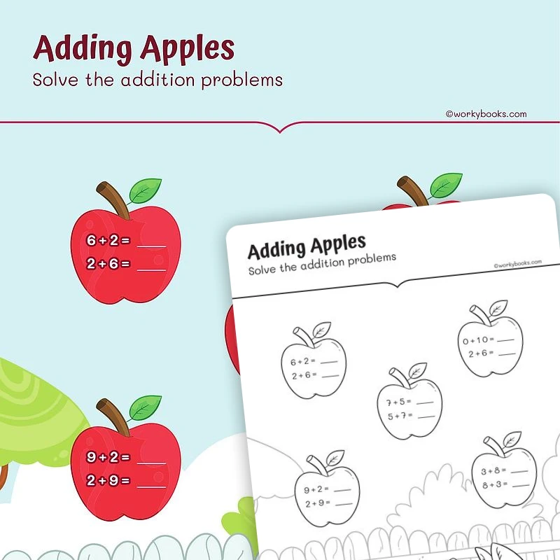 Addition Strategies for Apples — math worksheet for Grade 1, page 1 of 3