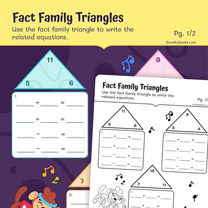 Fact Family Triangles — math worksheet for Grade 1, page 1 of 3