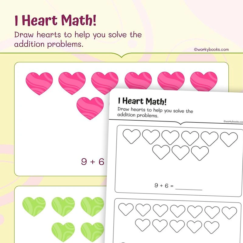 Addition — I Heart Math! — math worksheet for Grade 1, page 1 of 3
