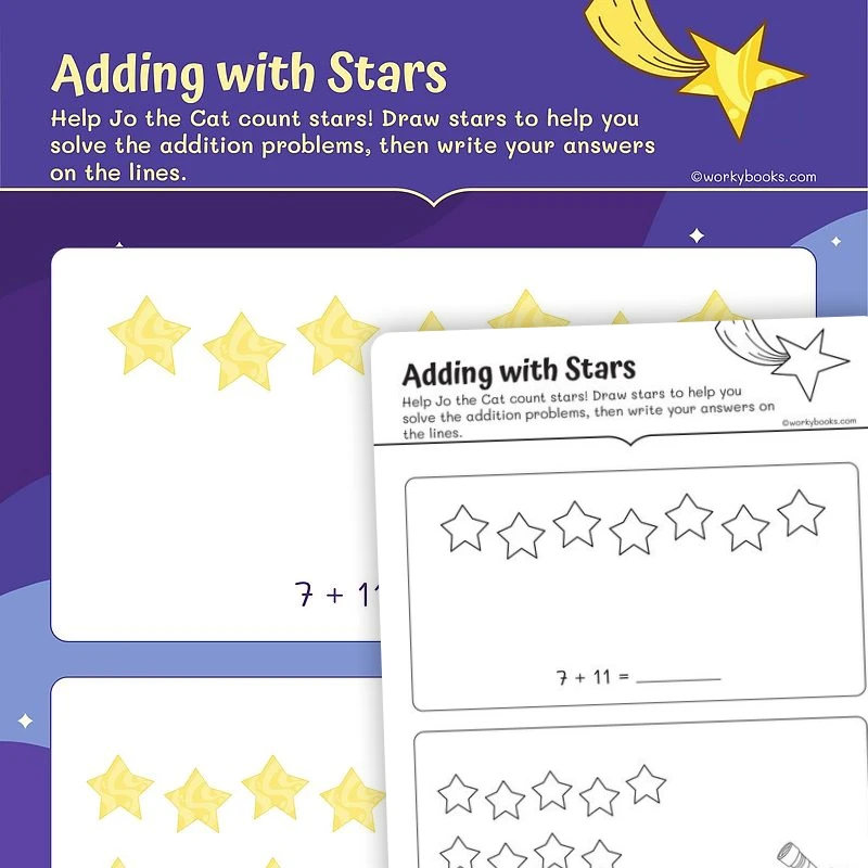 Adding with Stars — math worksheet for Grade 1, page 1 of 3
