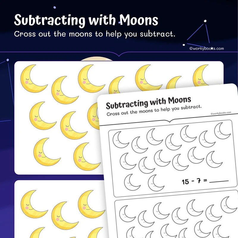 Subtracting with Moon — math worksheet for Grade 1, page 1 of 3