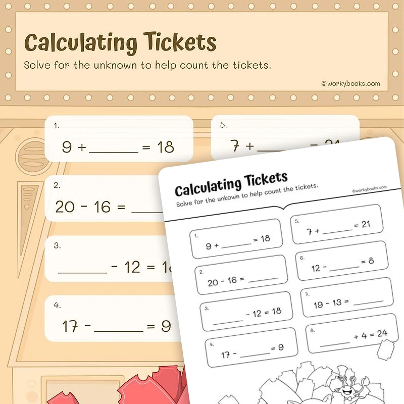 Calculating Tickets — math worksheet for Grade 1, page 1 of 3