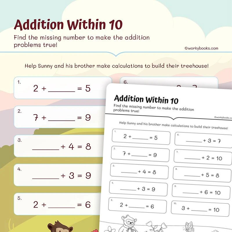 Adding up to 10 — math worksheet for Grade 1, page 1 of 3