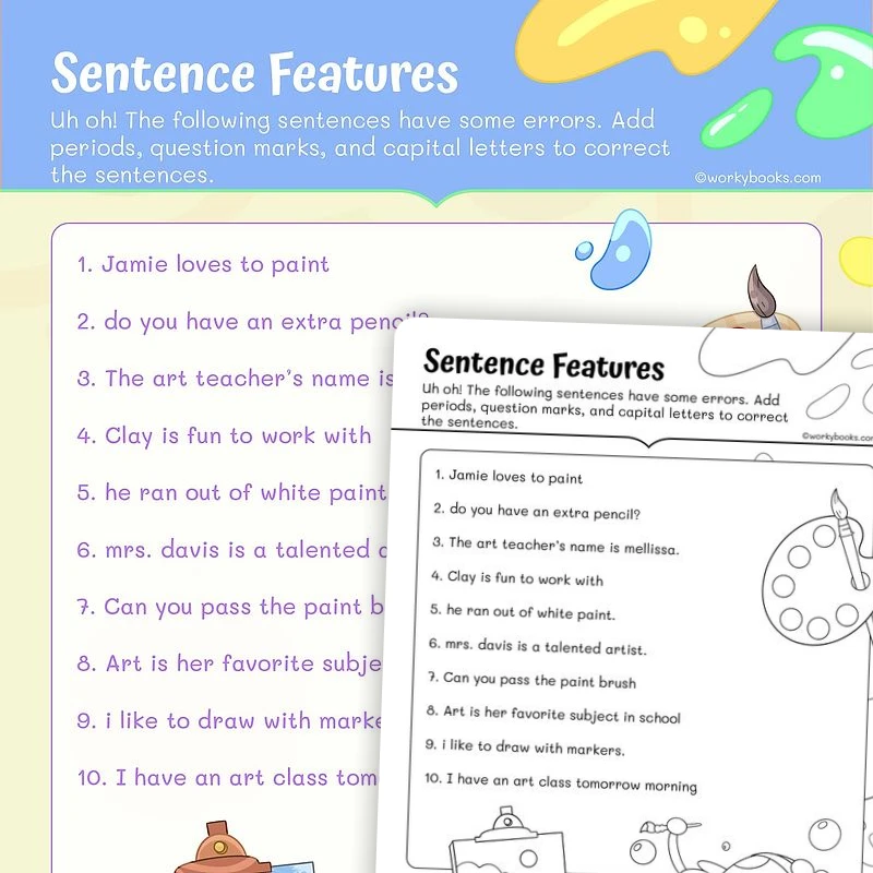 Sentence Features — ela worksheet for Grade 1, page 1 of 3