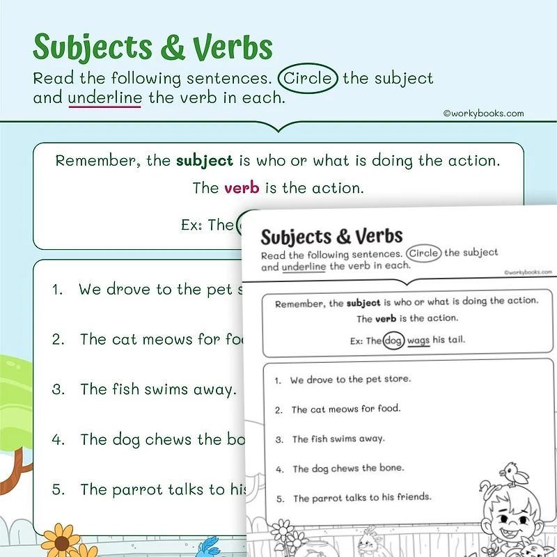 Subjects and Verbs — ela worksheet for Grade 1, page 1 of 3