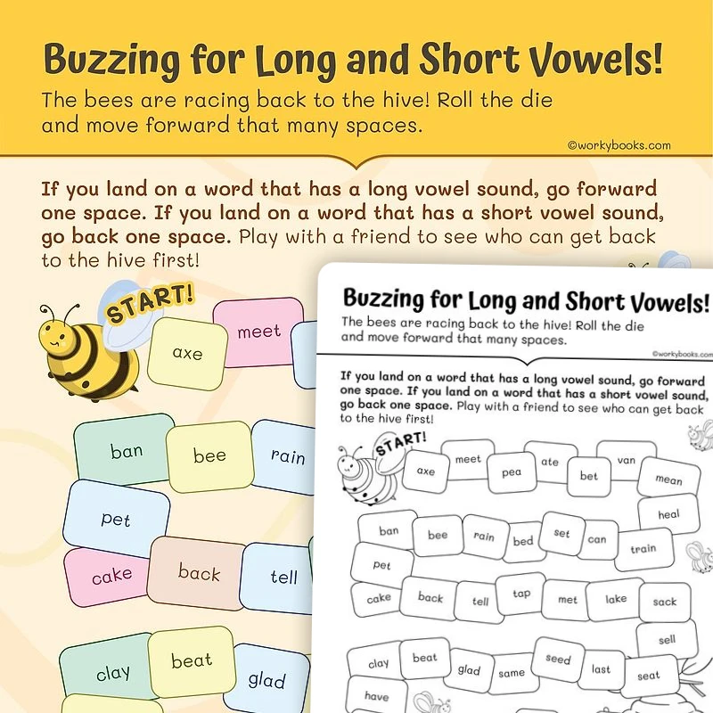 Buzzing for Long and Short Vowels! — ela worksheet for Grade 1, page 1 of 3