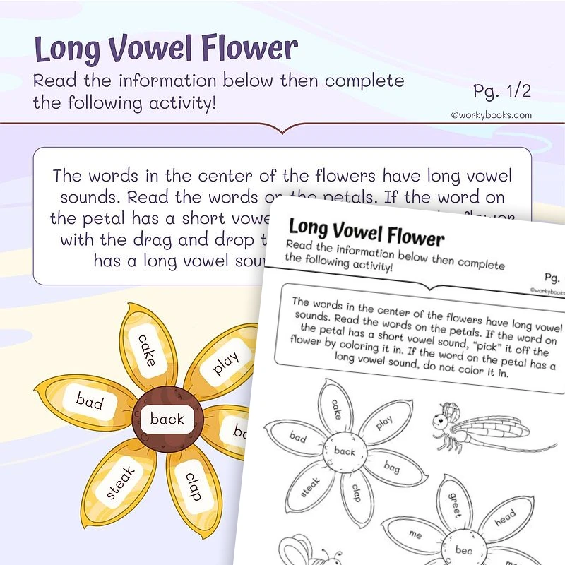 Long Vowel Flower — ela worksheet for Grade 1, page 1 of 3