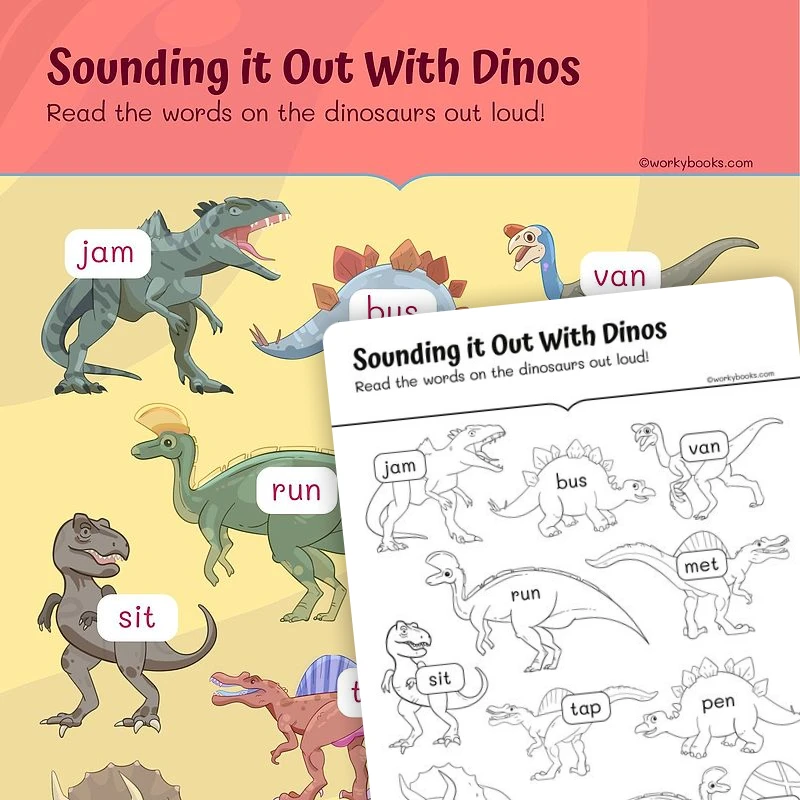 Sounding It Out With Dinos—CVC Words — ela worksheet for Grade 1, page 1 of 3
