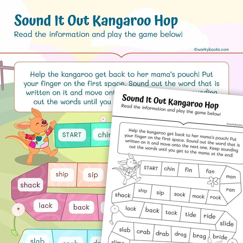 Kangaroo Hop—One Syllable Board Game — ela worksheet for Grade 1, page 1 of 3