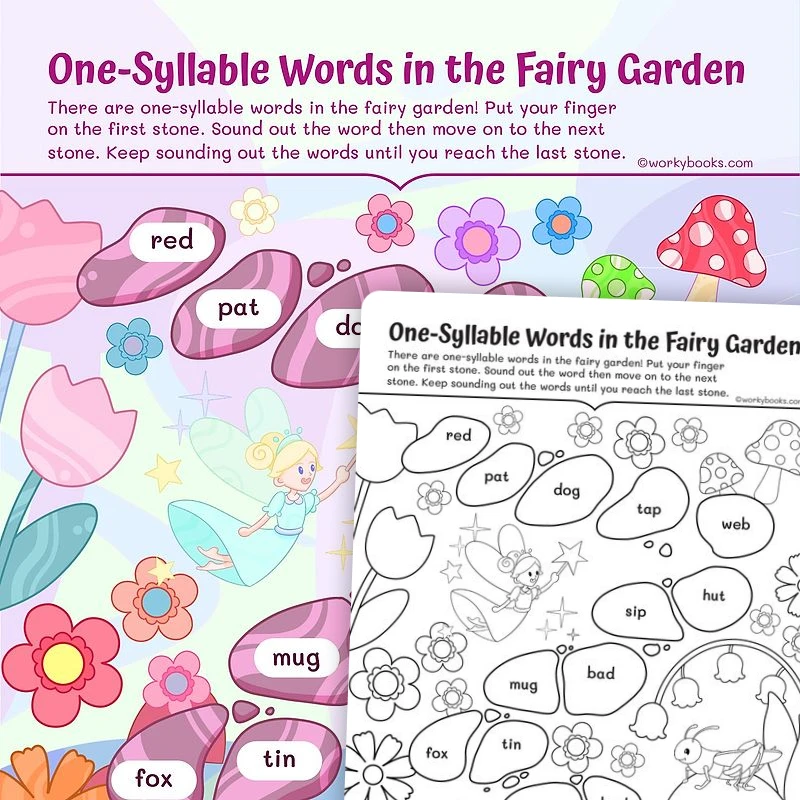 One Syllable Words in the Fairy Garden — ela worksheet for Grade 1, page 1 of 3