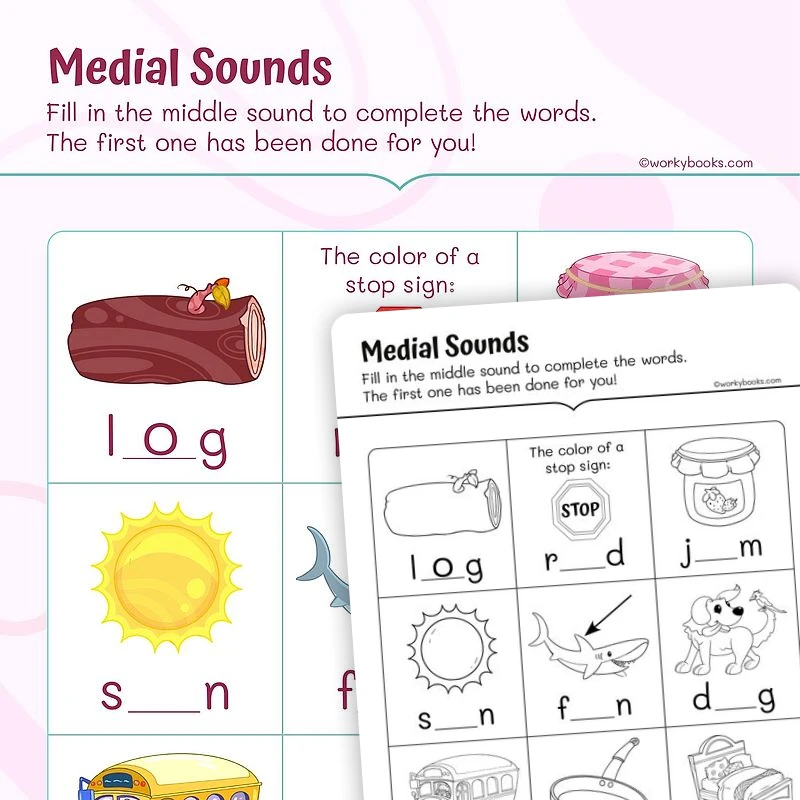 Medial Sounds—Phonics — ela worksheet for Grade 1, page 1 of 3
