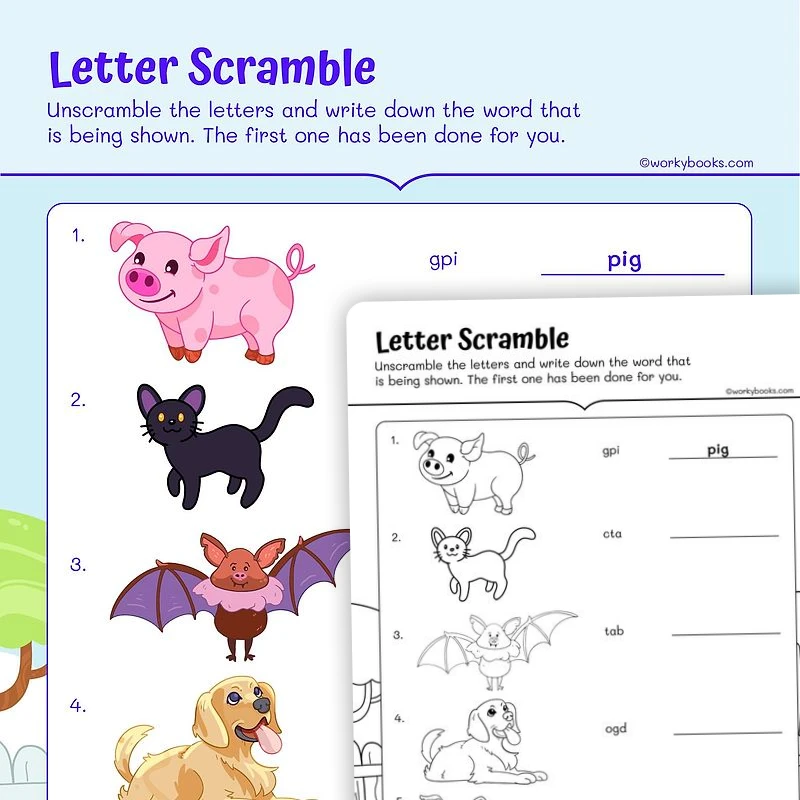 Animal—Letter Scramble — ela worksheet for Grade 1, page 1 of 3