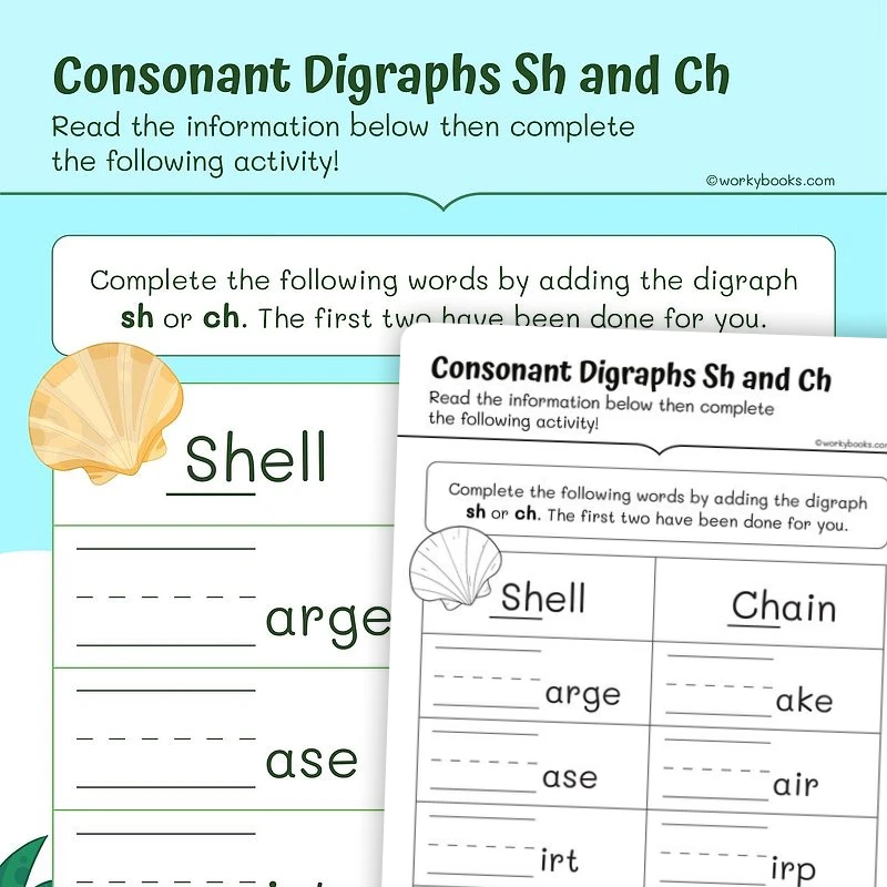 Consonant Digraphs Sh and Ch — ela worksheet for Grade 1, page 1 of 3