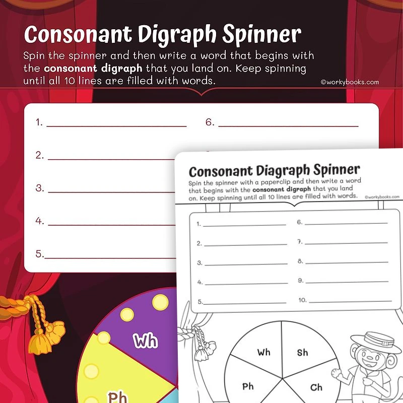 Consonant Digraph Spinner — ela worksheet for Grade 1, page 1 of 3
