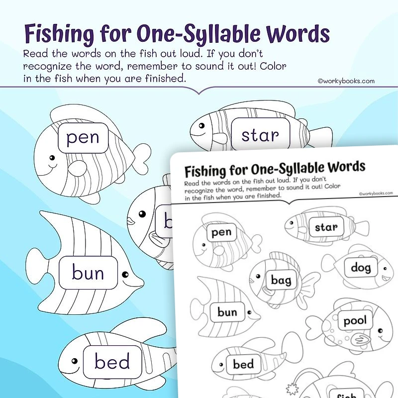 Fishing for One—Syllable Words — ela worksheet for Grade 1, page 1 of 3