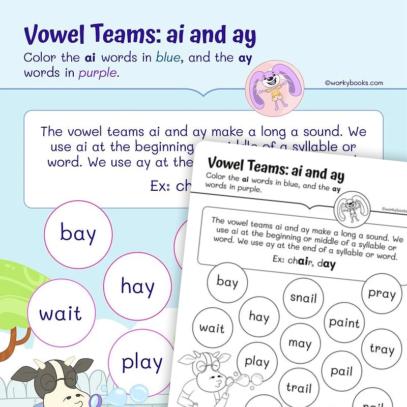 Vowel Teams— ai and ay — ela worksheet for Grade 1, page 1 of 3
