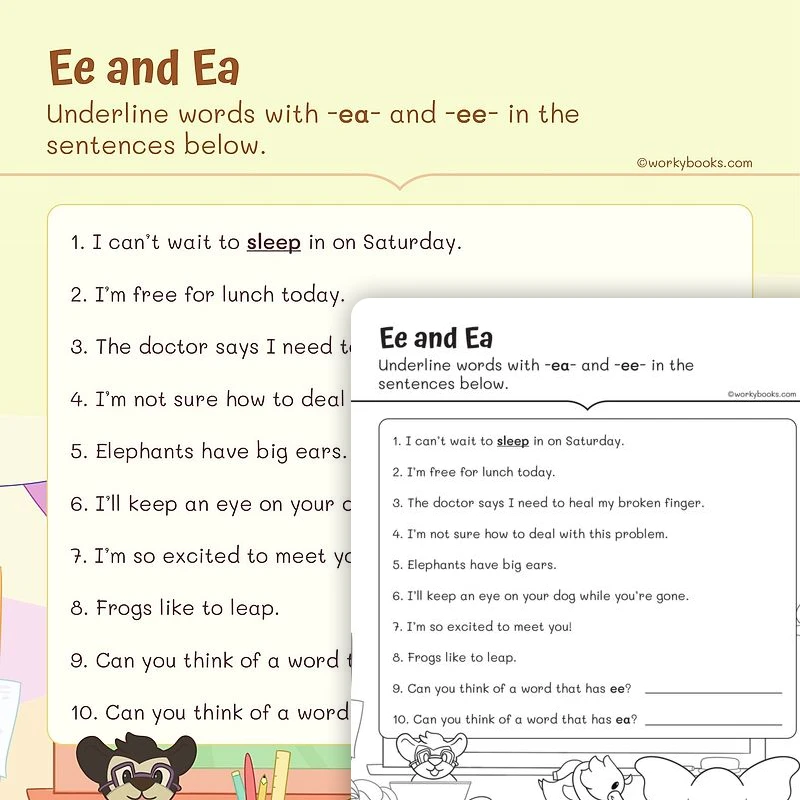 Vowel Teams—Ee and Ea — ela worksheet for Grade 1, page 1 of 3
