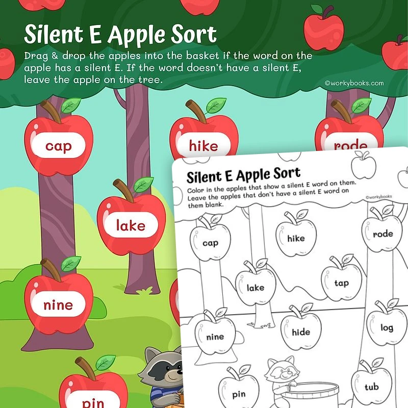 Silent E Apple Sort — ela worksheet for Grade 1, page 1 of 3