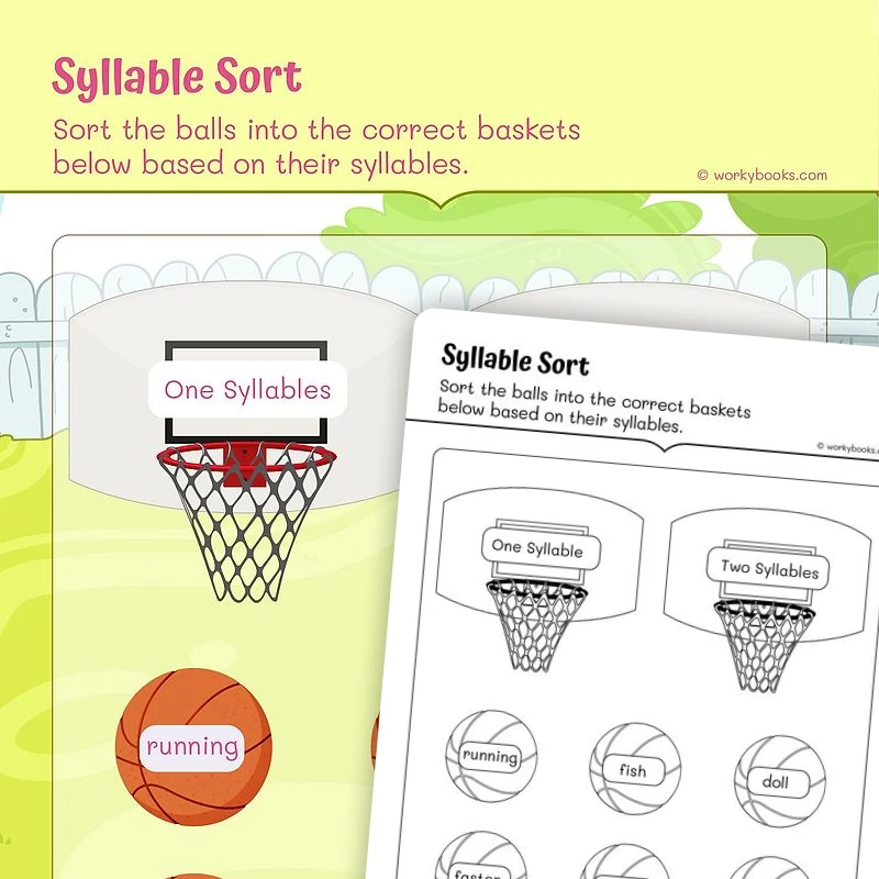 Phonics—Syllable Word Sort — ela worksheet for Grade 1, page 1 of 3