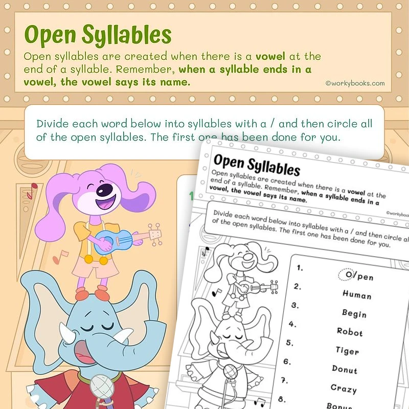 Phonics—Open Syllables — ela worksheet for Grade 1, page 1 of 3