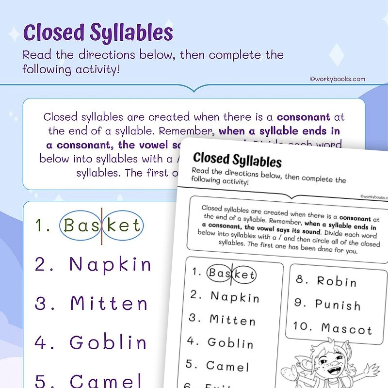Closed Syllables — ela worksheet for Grade 1, page 1 of 3
