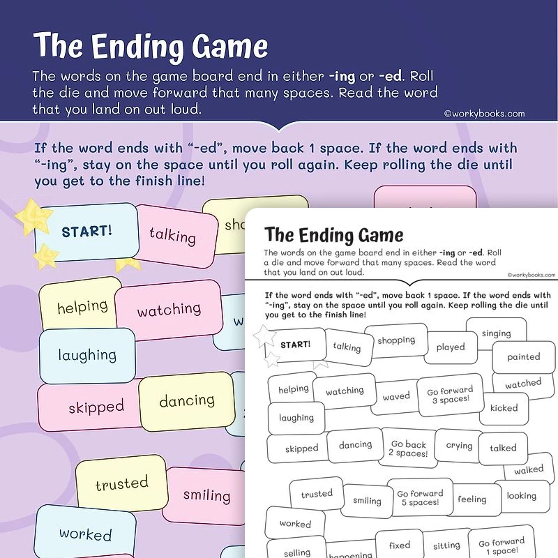 Inflectional Endings Board Game — ela worksheet for Grade 1, page 1 of 3