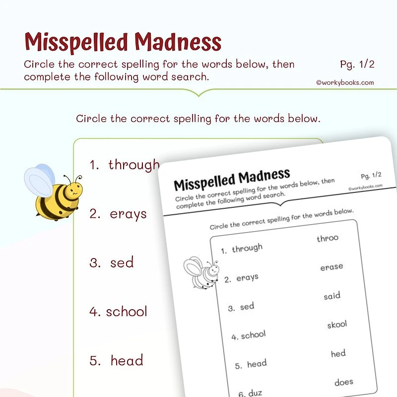 Misspelled Madness — ela worksheet for Grade 1, page 1 of 3