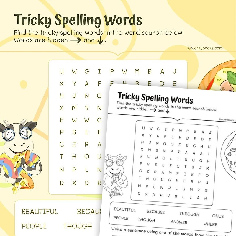 Word Search for Tricky Spelling Words — ela worksheet for Grade 1, page 1 of 3