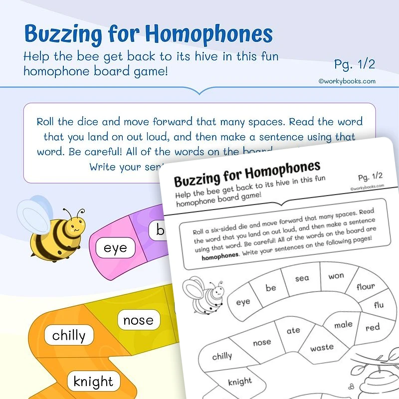 Buzzing for Homophones — ela worksheet for Grade 1, page 1 of 3