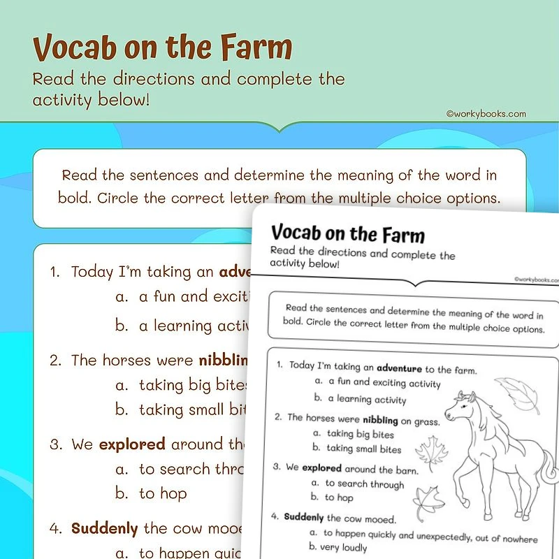 Animal Vocabulary on the Farm — ela worksheet for Grade 1, page 1 of 3