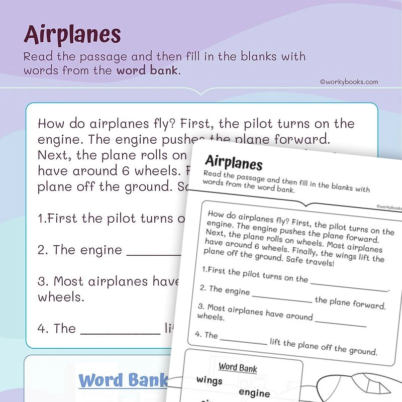 Airplanes Informational Text — ela worksheet for Grade 1, page 1 of 3