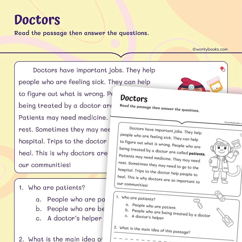Doctors—Citing Text Evidence — ela worksheet for Grade 1, page 1 of 3