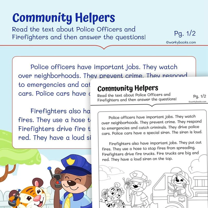 Community Helpers: Police Officers & Firefighters — ela worksheet for Grade 1, page 1 of 3