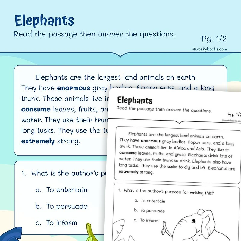 Elephants —Context Clues — ela worksheet for Grade 1, page 1 of 3