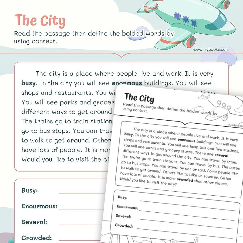 The City—Context Clues — ela worksheet for Grade 1, page 1 of 3