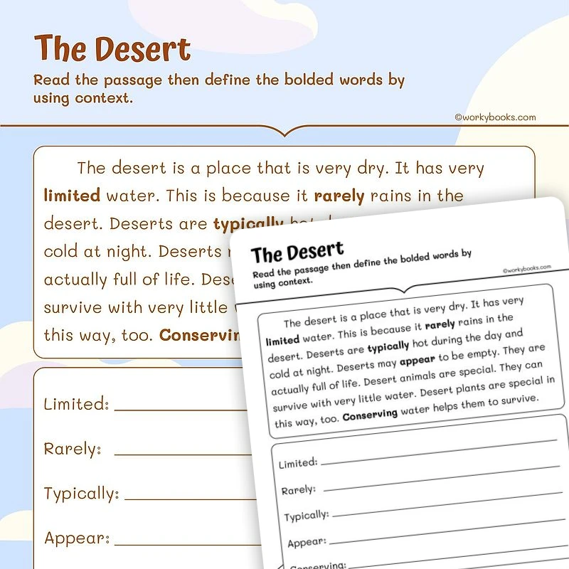 The Desert—Context Clues — ela worksheet for Grade 1, page 1 of 3