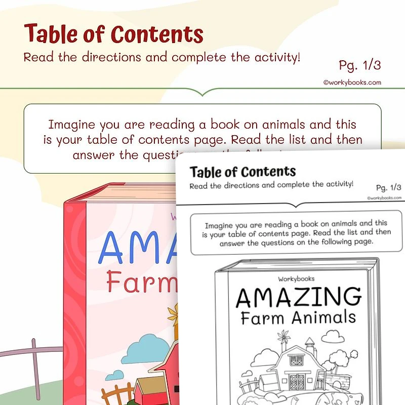 Table of Contents — ela worksheet for Grade 1, page 1 of 3