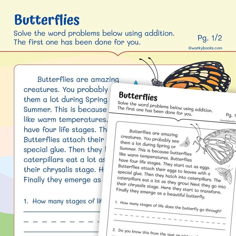Informational Text on Butterflies — ela worksheet for Grade 1, page 1 of 3