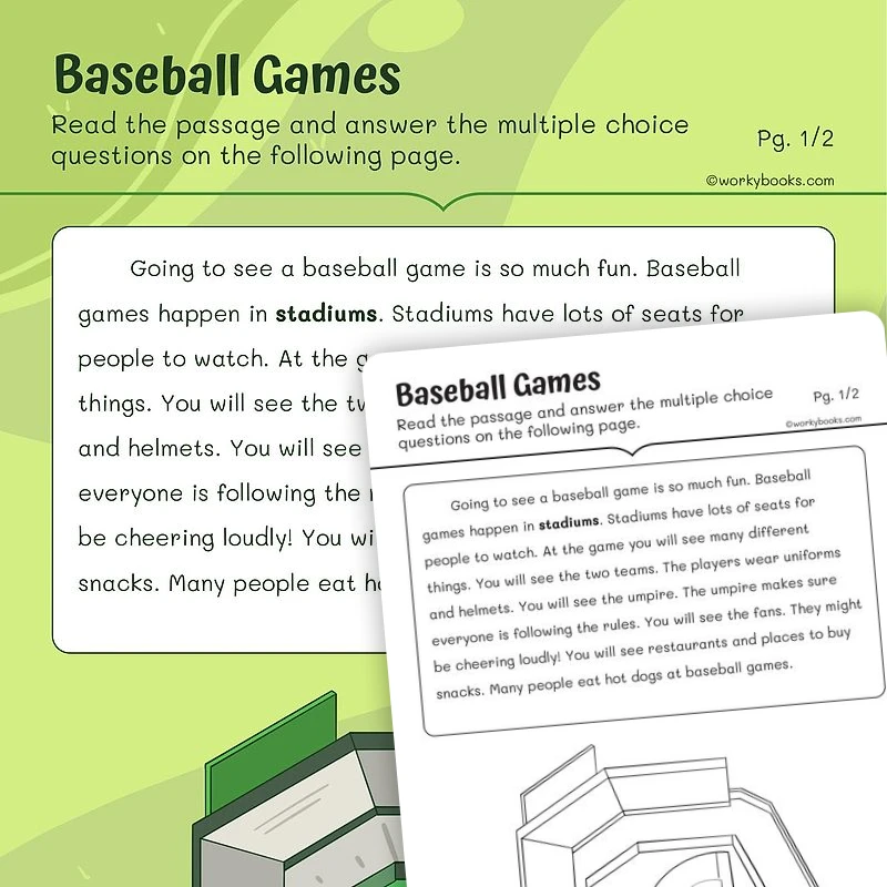Informational Text on Baseball Games — ela worksheet for Grade 1, page 1 of 3