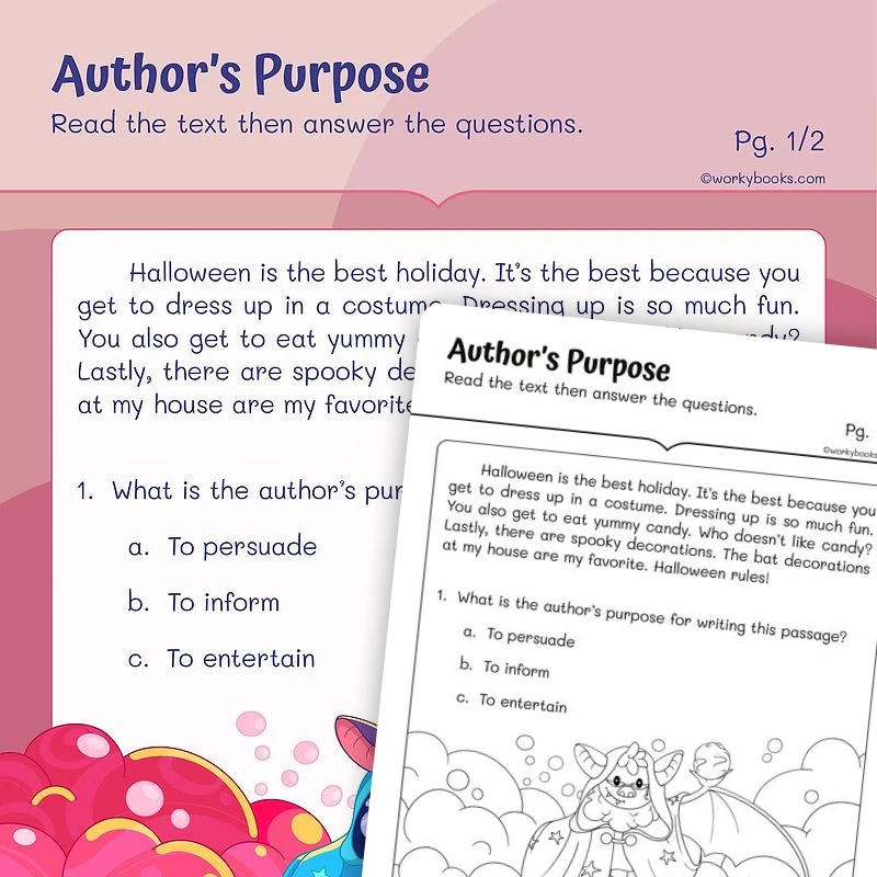 Author's Purpose Halloween — ela worksheet for Grade 1, page 1 of 3
