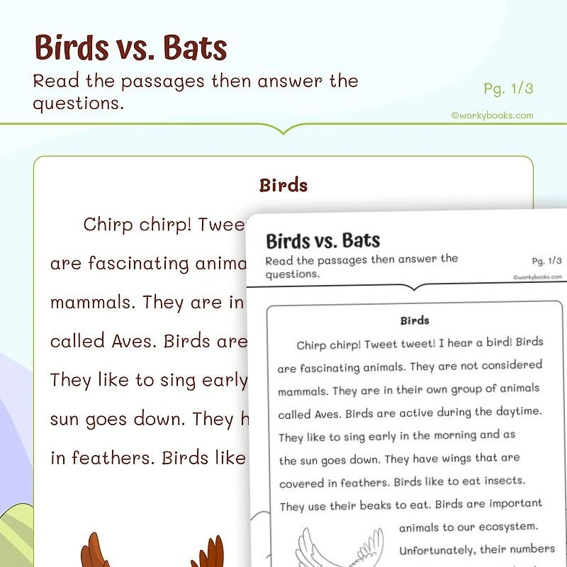 Compare and Contrast Birds vs Bats — ela worksheet for Grade 1, page 1 of 3