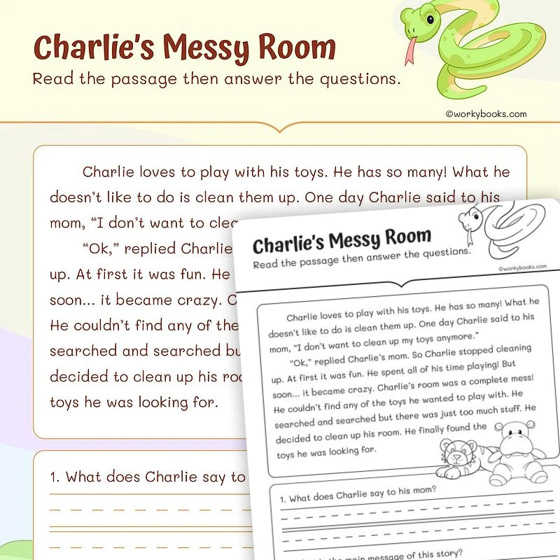 Reading Short Story—Charlie's Messy Room — ela worksheet for Grade 1, page 1 of 3