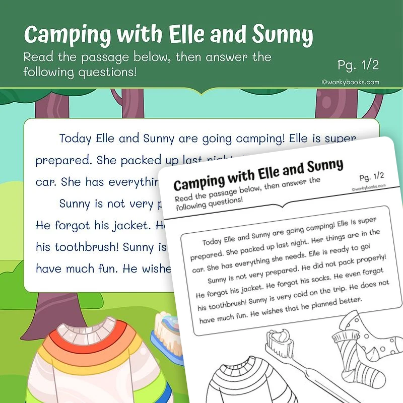 Character Traits—Camping with Elle and Sunny — ela worksheet for Grade 1, page 1 of 3