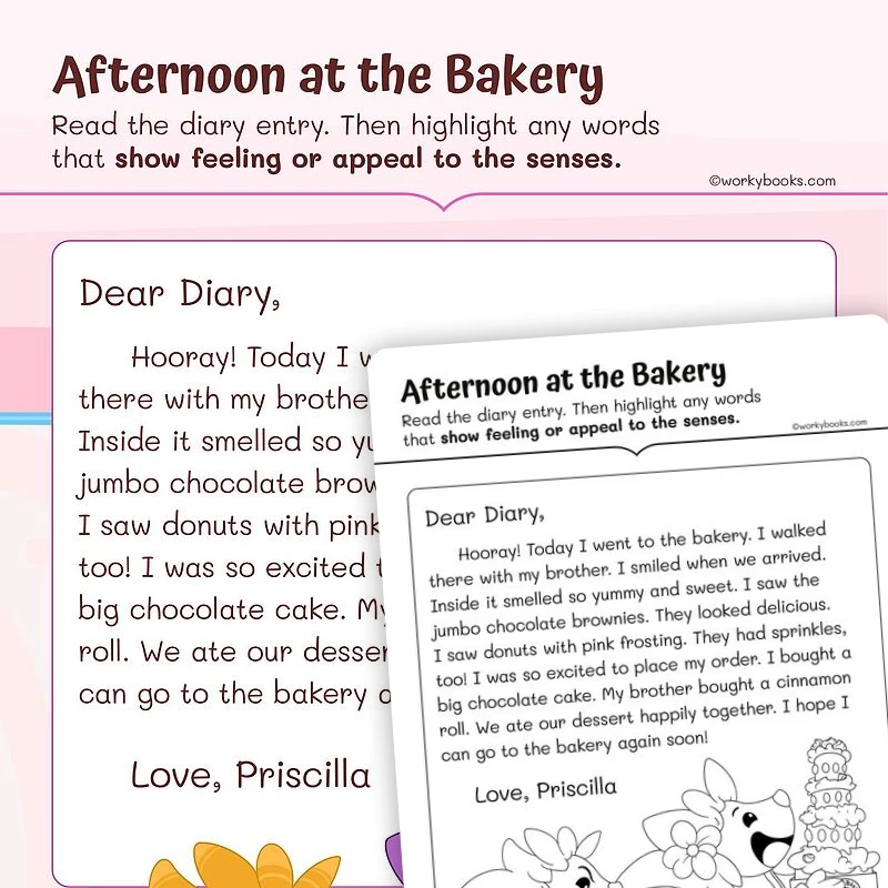 Short Story—Afternoon at the Bakery! — ela worksheet for Grade 1, page 1 of 3