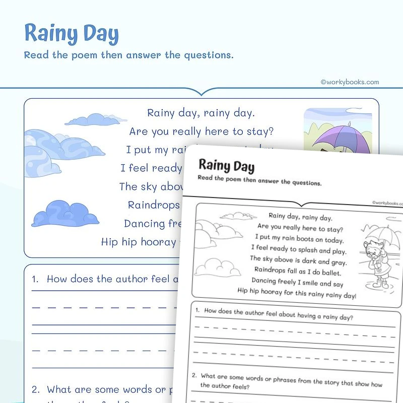 Rainy Day Poem RL.1.4 — ela worksheet for Grade 1, page 1 of 3