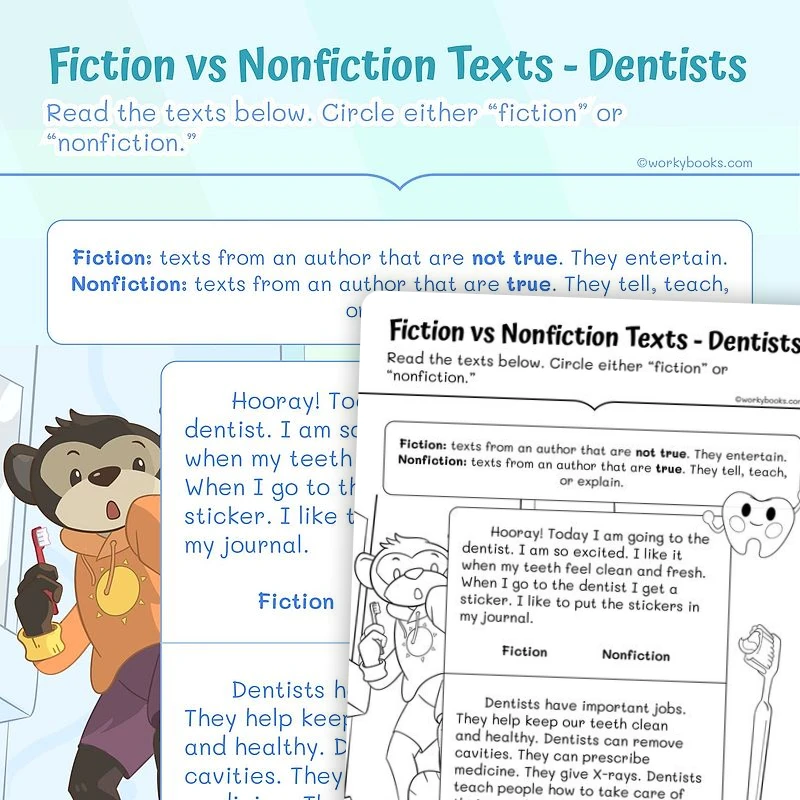 Fiction vs Nonfiction Texts — Dentists — ela worksheet for Grade 1, page 1 of 3