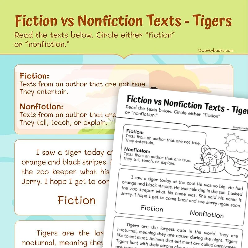 Fiction vs Nonfiction Texts — Tigers — ela worksheet for Grade 1, page 1 of 3