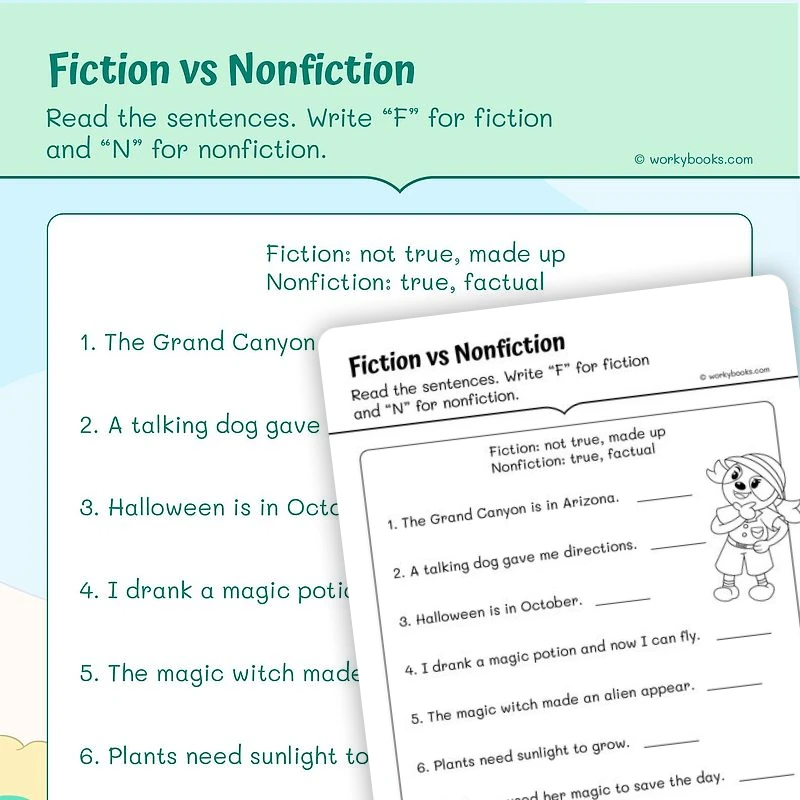 Fiction vs Nonfiction — ela worksheet for Grade 1, page 1 of 3